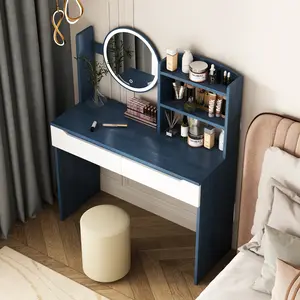 Table Set with HD Mirror Cushion Stool and Large Drawers Mini Makeup Dressing Desk Furniture for Apartment Bedroom/Girls Gift Blue spacesaving vanity black stable tiktok shop