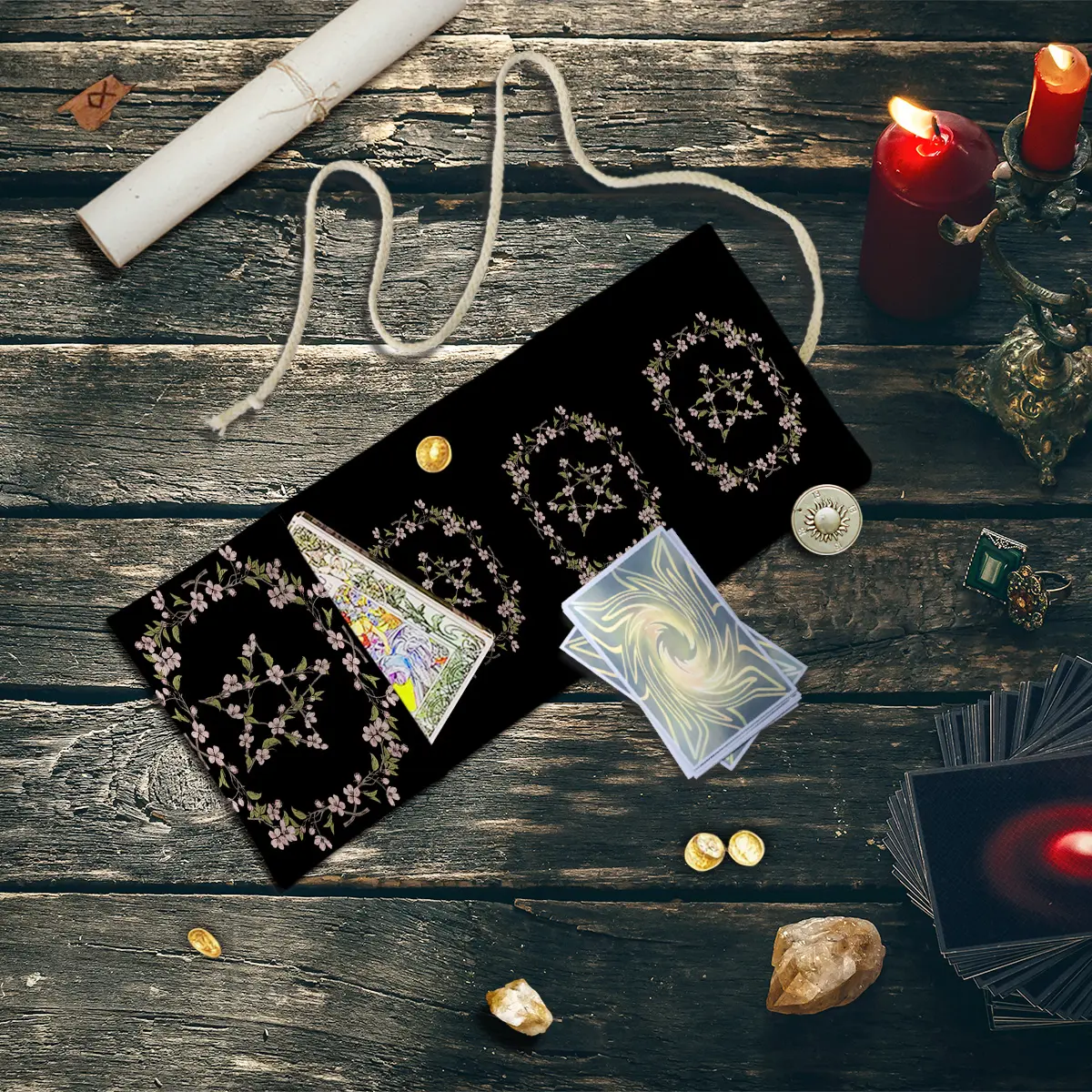 1PC Flower Pentagram decorated Tarot card storage bag, modern style polyester storage bag with Patterns, suitable for Tarot enthusiasts to store cards, and ideal for astrological ceremony decoration, Divination Bags