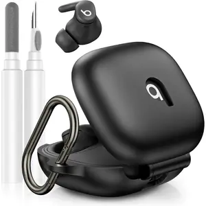Compatible with Beats Powerbeats Fit Case Cover, Soft Silicone Shockproof Protective Skin Case for Powerbeats Fit Earbuds 2025 with Cleaner Kit & Carabiner, Top Logo Visible (Black)