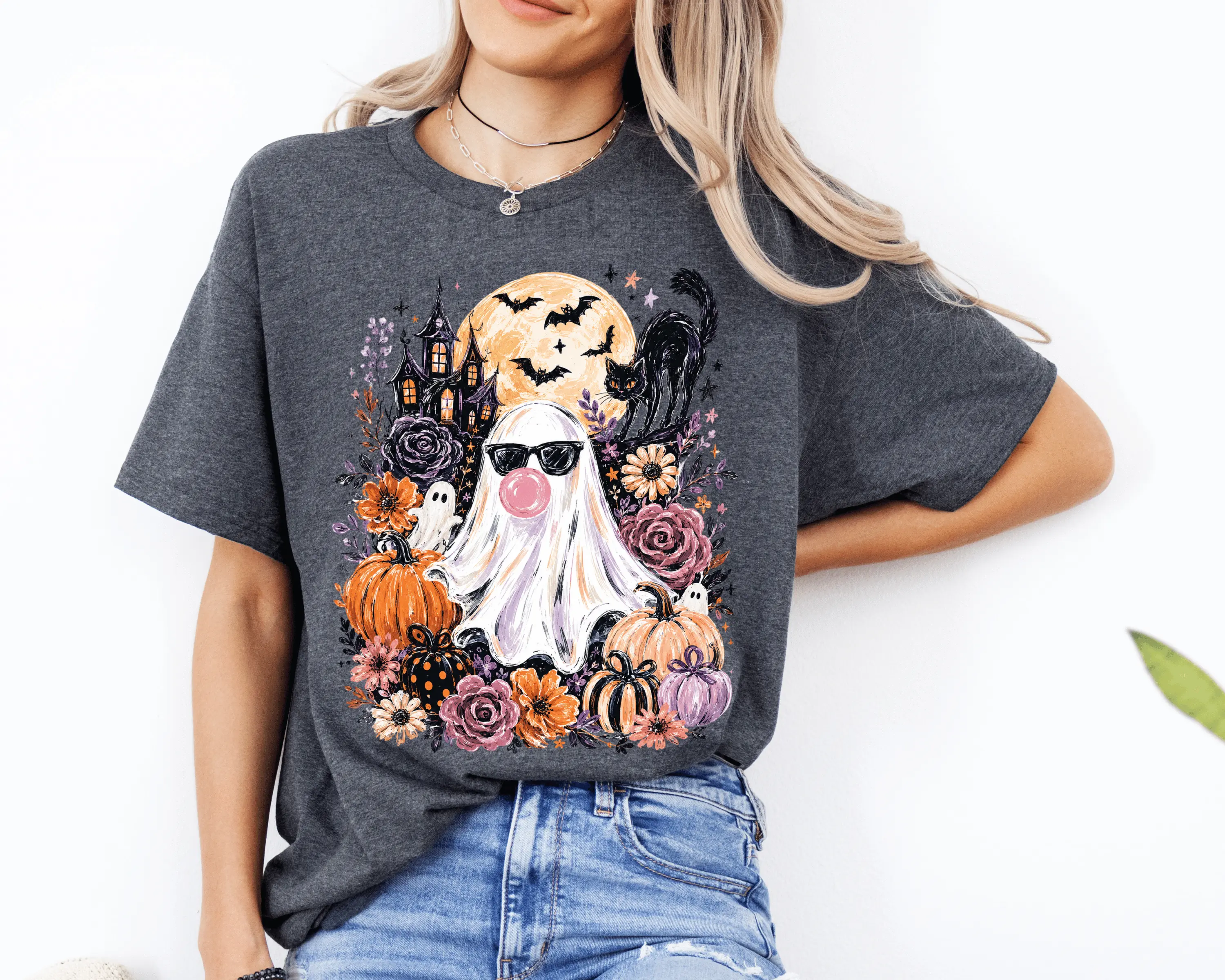Brushstroke Ghost Blowing Bubble Gum - Girly Haunted House with Black Cat - Lightweight Unisex Tee - Loose Casual T-Shirt for Women - Cotton Jersey - Halloween Shirt