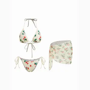 Cider Flirty Cherry Triangle Bikini Set With Sheer Sarong