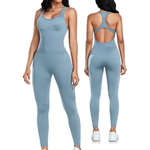 Womens Workout Jumpsuits Seamless Yoga Gym Bodycon Rompers Sexy Racerback Tummy Control Padded Bra Unitard