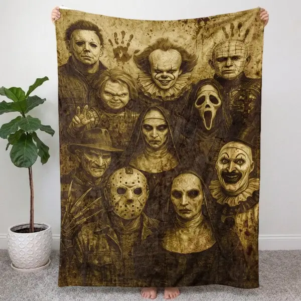 Horror Characters Family Photo Flannel Blanket for Kids & Adults, Funny Horror Movie Icons Cozy Throw Blanket, Ultra Soft Plush Fleece Blanket for Sofa Bed Bedroom Dorm Travel Decor, Halloween Birthday Christmas Holiday Fan Gift