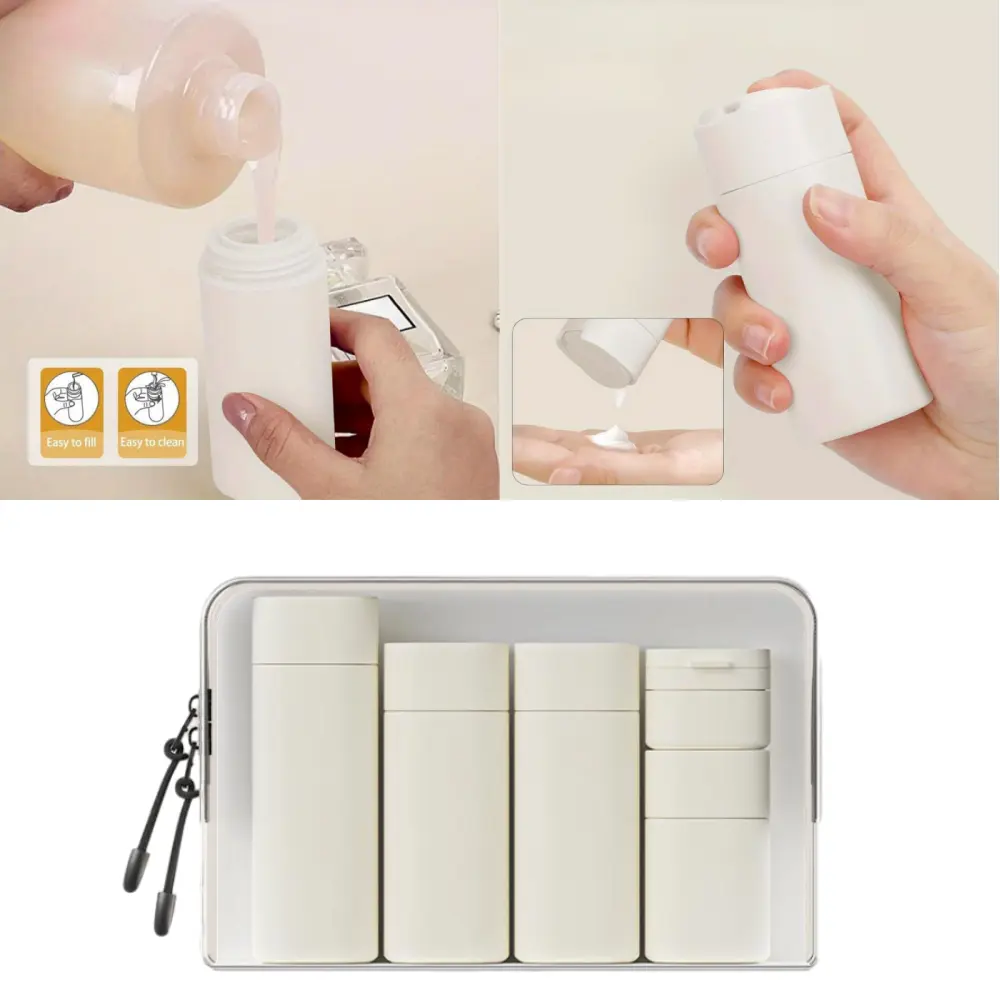 5PCS Travel Cream Dispenser Bottles Set Travel Bottles Toiletry Containers Set,Leak Proof Refillable Travel Accessories for Shampoo Conditioner Travel Essentials Transparent Organiser Beige Canister Tin