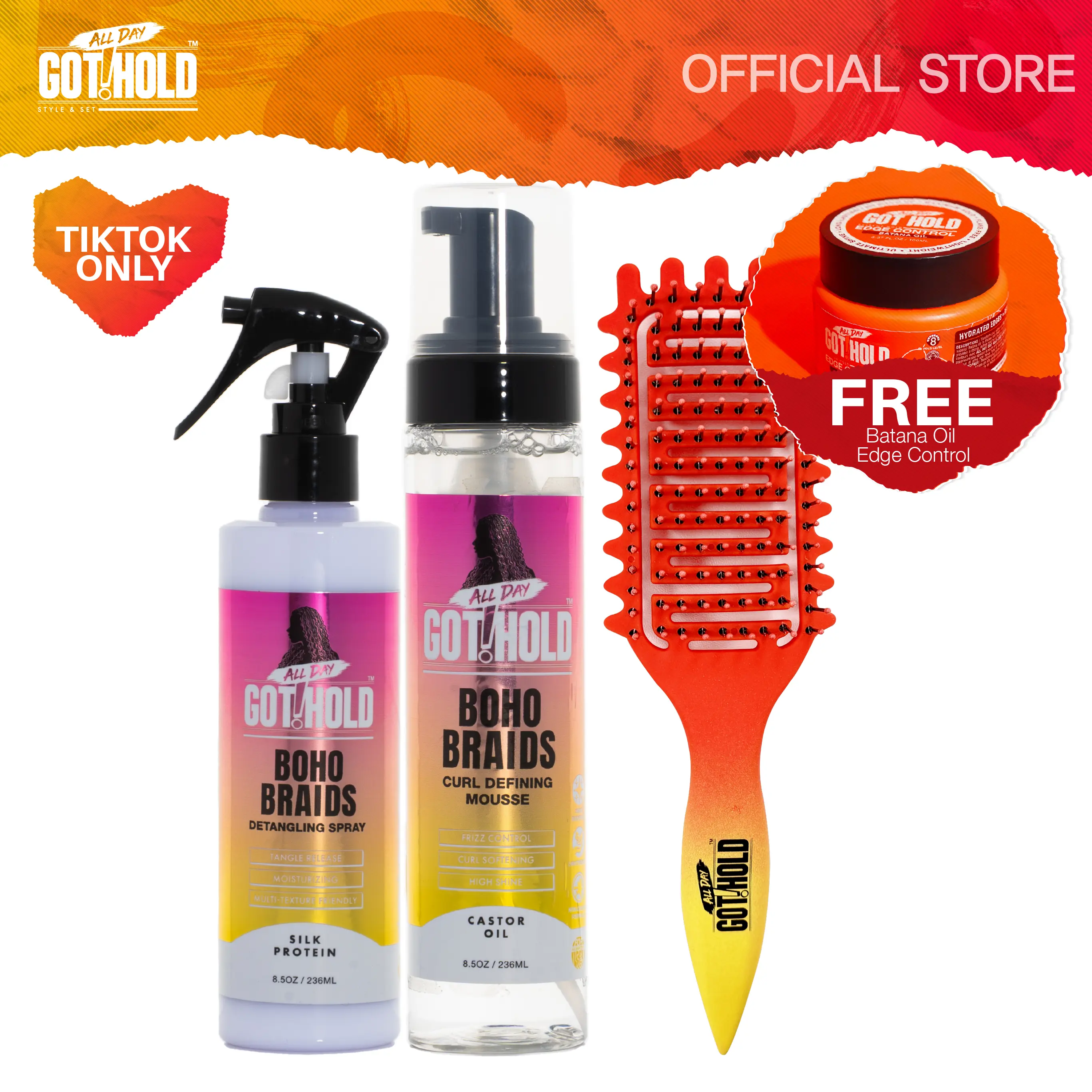 ALL DAY GOT HOLD Boho Braids Care Kit - 4-Piece Lightweight Haircare Set with Brush, Gel for Curl Defining, Frizz Control, Tangle Free Hair for Adults, Beauty Products, Hair Care, Braiding Gel, Curly Hair