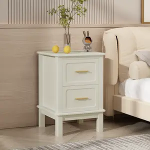 Modern  Nightstand with 2 Drawers, Bedroom Bedside Table with Gold Handles, Sturdy Wood Accent Table for Small Spaces, Living Room, Kids Room & Guest Room-Off White