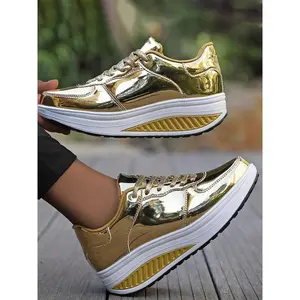 Women’s shiny surface lace-up walking shoes, casual breathable comfortable platform sports shoes, female all-match round toe shoes for daily wear