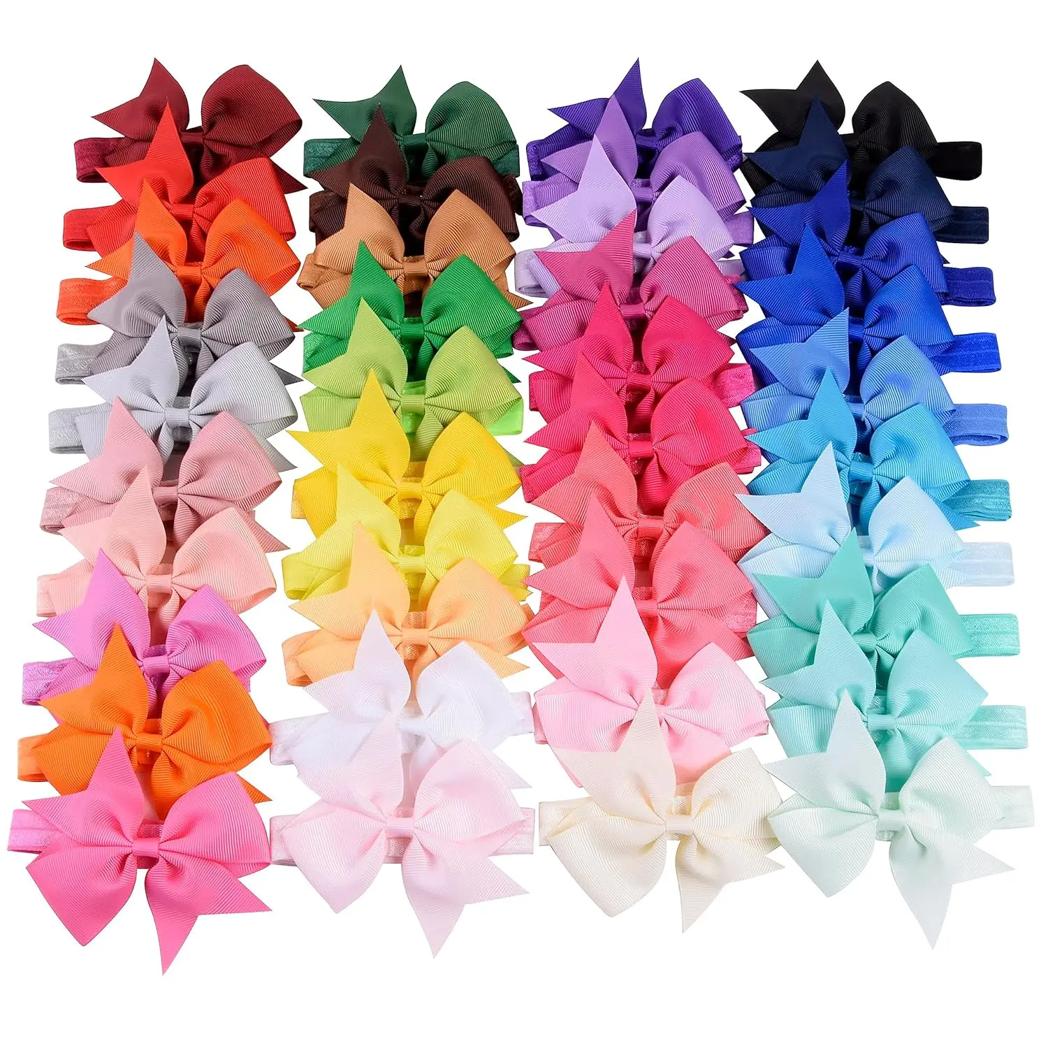 Girls' 40-Count Grosgrain Ribbon Hair Bow Headbands, Adorable 1-Multi-Colored 40 Colors Accessories with Elastic Band, 4In & 14.2 Inches Sizes, Any Occasion