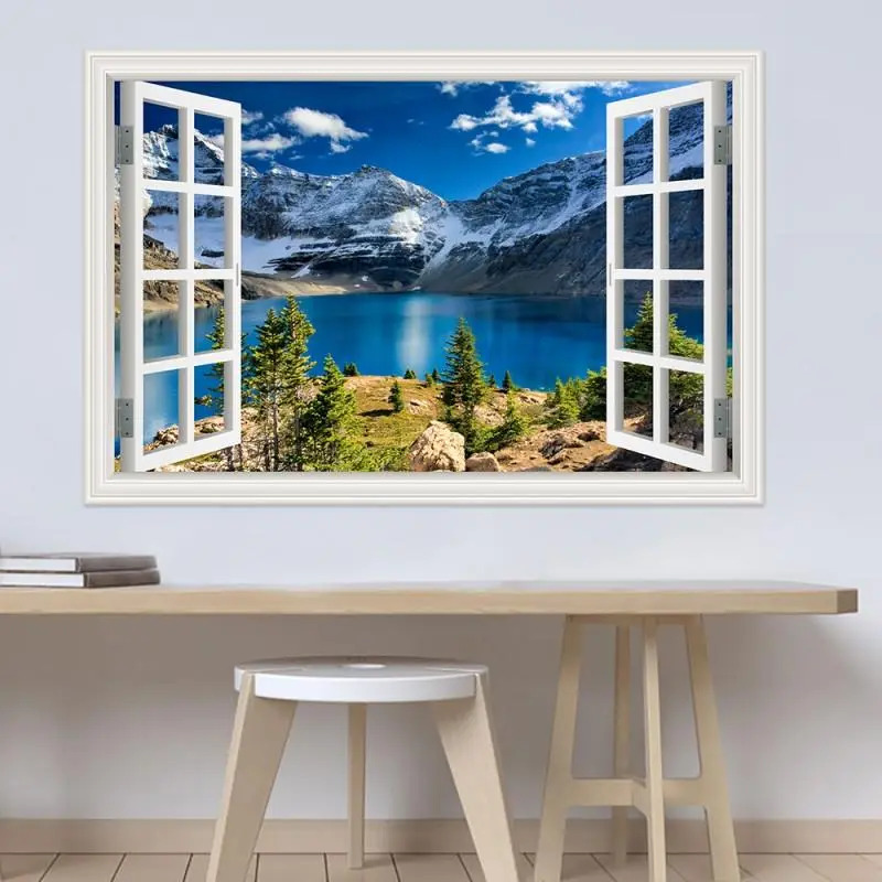 Modern 3D Large Landscape Wall Sticker, Snow Mountain Lake, Nature Window Frame View, Vinyl Home Decor, Living Room and Bedroom