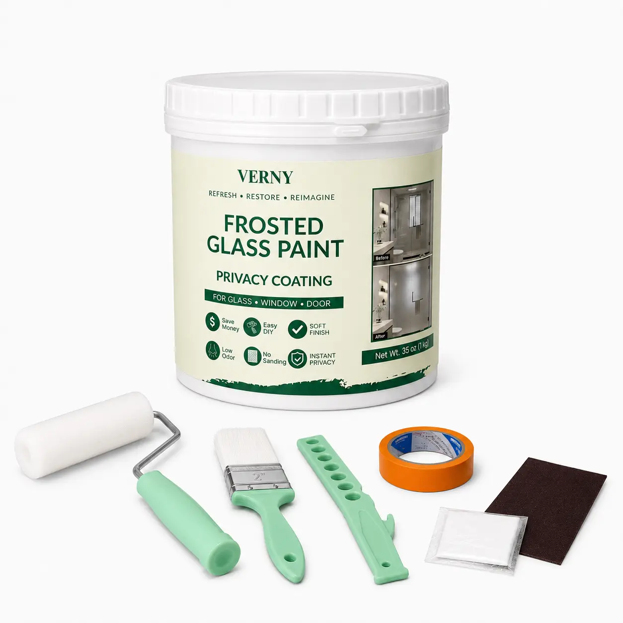 VERNY Translucent Frosted Glass Paint Kit Set for DIY Users, 35oz Window Privacy Coating with Tools, Waterproof UV-Resistant Finish for Bathroom, Kitchen Windows