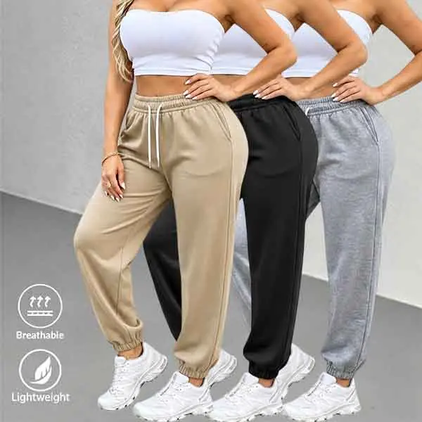 Women’s Clothing 3-Pack High-Waist Jogger Sweatpants – Breathable, Skin-Friendly Elastane Casual Sport Pants with Drawstring Cuffs