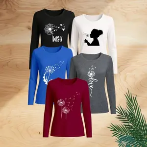 For Youself- 5-Piece Women's Long-Sleeve Set Dandelion Pattern Series Long-Sleeve Letter Print Women's Crew Neck Top Spring/Fall Layering Top Women's Multi-Color Long-Sleeve Top