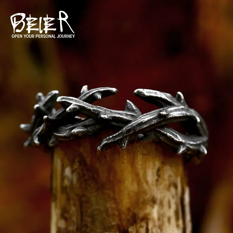 Beier Genuine & Affordable Stainless Steel Casting Tree Branch Ring - 5.1g Hip Hop Trend Thorn Design, Everyday Wear Costume Jewelry with Delivery Guarantee, 5.1 Grams