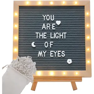 Light up Felt Letter Board Sign with LED Lights - 10 x 10in Changeable Message Board Wall Mounted with Tripod Stand 470 Letters for Birthday Housewarming Gifts Parties  Decor, Grey