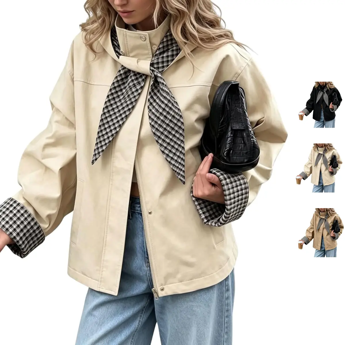 SCUSTY Women's Cropped Fall Trench Coat with Detachable Plaid Hood Casual Lightweight Outerwear Lapel Windbreaker Jacket for Autumn Winter Casual Zipper Jacket Loose Fitting Jacket