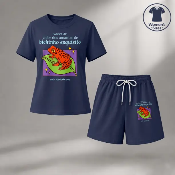 Women's 2-Piece Shorts Set, Minimalist Frog Graphic Tee and Drawstring Shorts, Casual Loose Fit Outdoor Outfit, Breathable Lightweight Fabric, Crew Neck, 2-Piece Hybrid Short & Top Sets