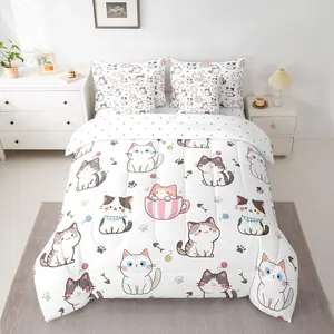 White Cat Comforter Set with Sheets for Kids Boys Girls Cats Print Bed in a Bag Cat Lover's Gift 7 Pieces Bedding Set Bedroom Decor Cat Lover's Gift Bed Set Animal,White