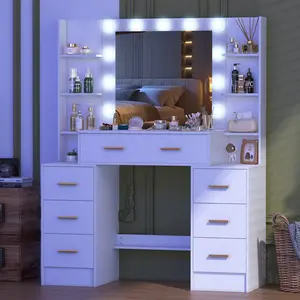 Vanity Makeup Table Set with 11 LED Lighted Mirror & 7 Drawers White MDF Material Adjustable Brightness 3 Light Modes Elegant Design Perfect Gift Choice christmas vanity