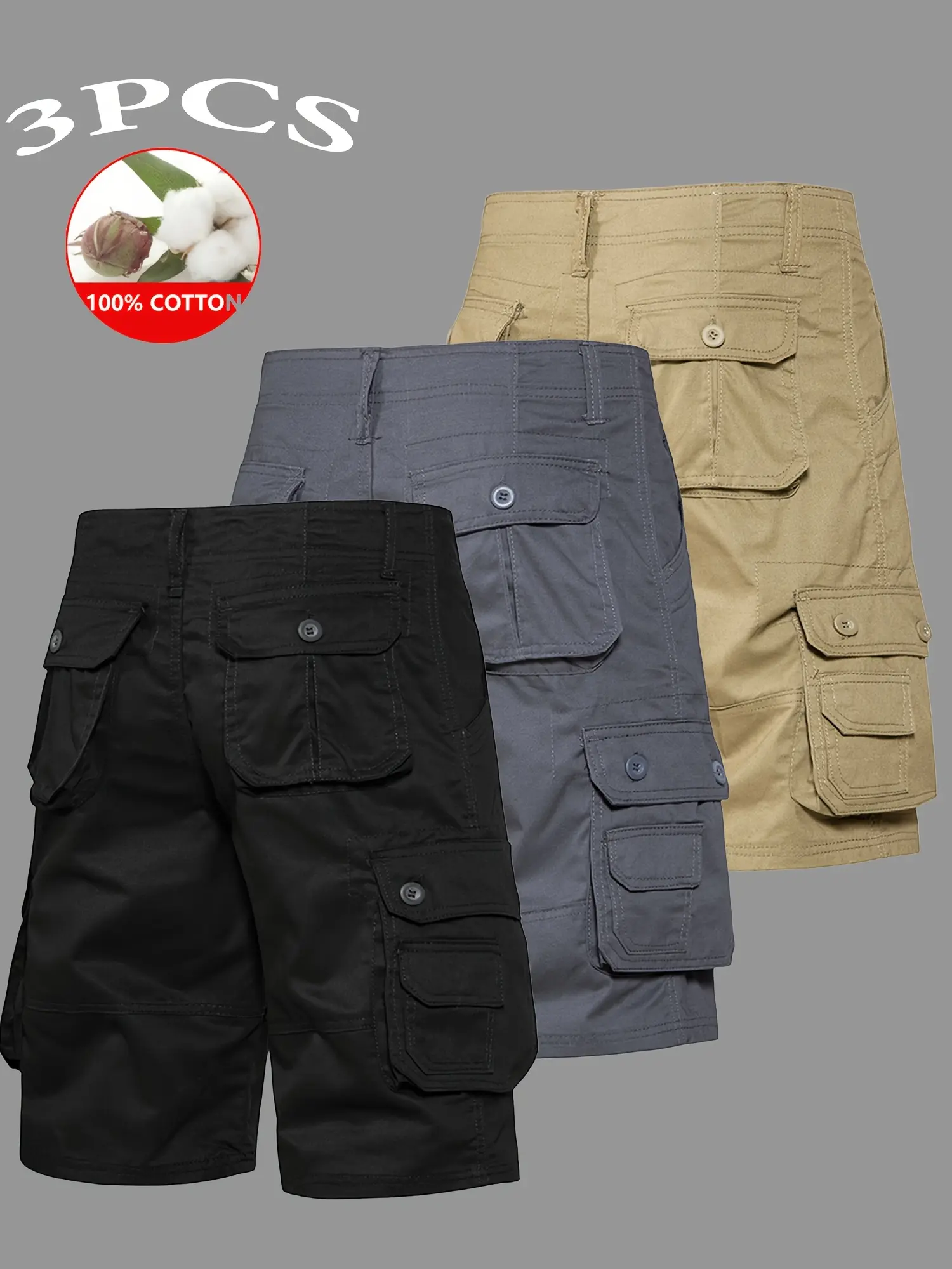 3-pack European/American summer casual shorts for outdoor commuting—versatile, breathable, comfortable multi-piece set; American retro pure cotton cargo shorts; men’s sports casual shorts; pure cotton mid-thigh shorts; wear-resistant, wrinkle-resistant de