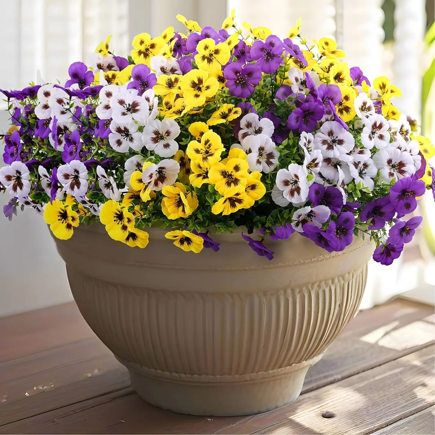 12 bouquets of artificial pansies outdoors, Artificial Flowers, artificial UV-resistant pansies suitable for outdoor flower POTS, front doors, porches, courtyards, garden Windows, boxes, and home decorations (purple, yellow, white)