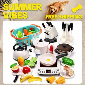Cute Stone Pretend Play Kitchen Toy Set with Cookware, Steam Pressure Pot, Electronic Induction Cooktop, Cooking Utensils, and Cutting Food Fruits Vegetables