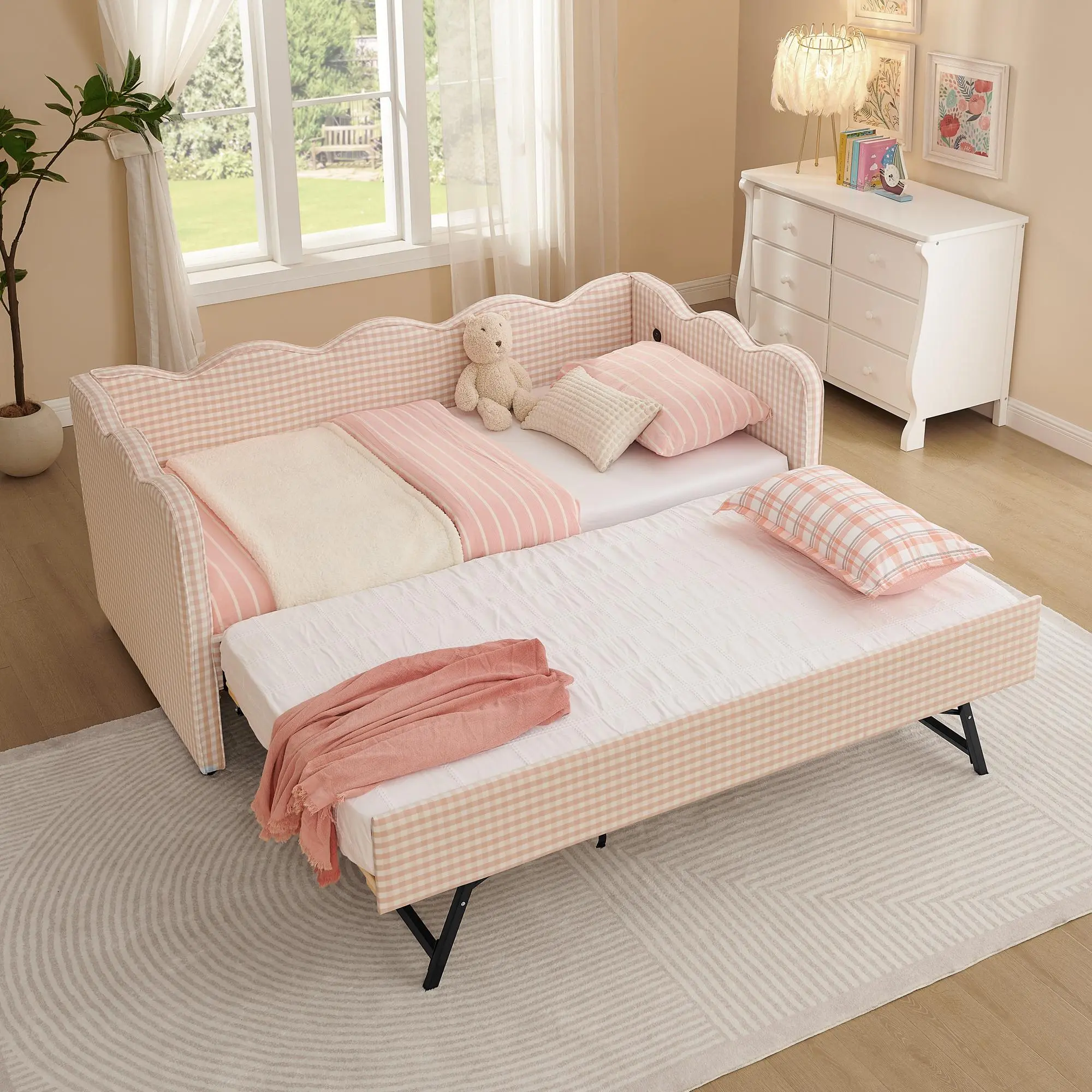 Twin Size Gingham Check Daybed with Trundle - Linen Fabric Sofa Bed, No Box Spring Needed, USB Port, Adorable Wave Shape, Pink