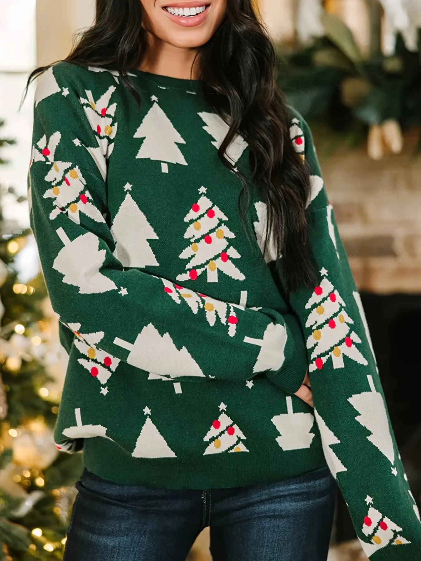 Women's Christmas Tree Pattern Sweater, Casual Long Sleeve Round Neck Jumper, Women's Knitwear Top for Holiday, Ugly Christmas Sweater