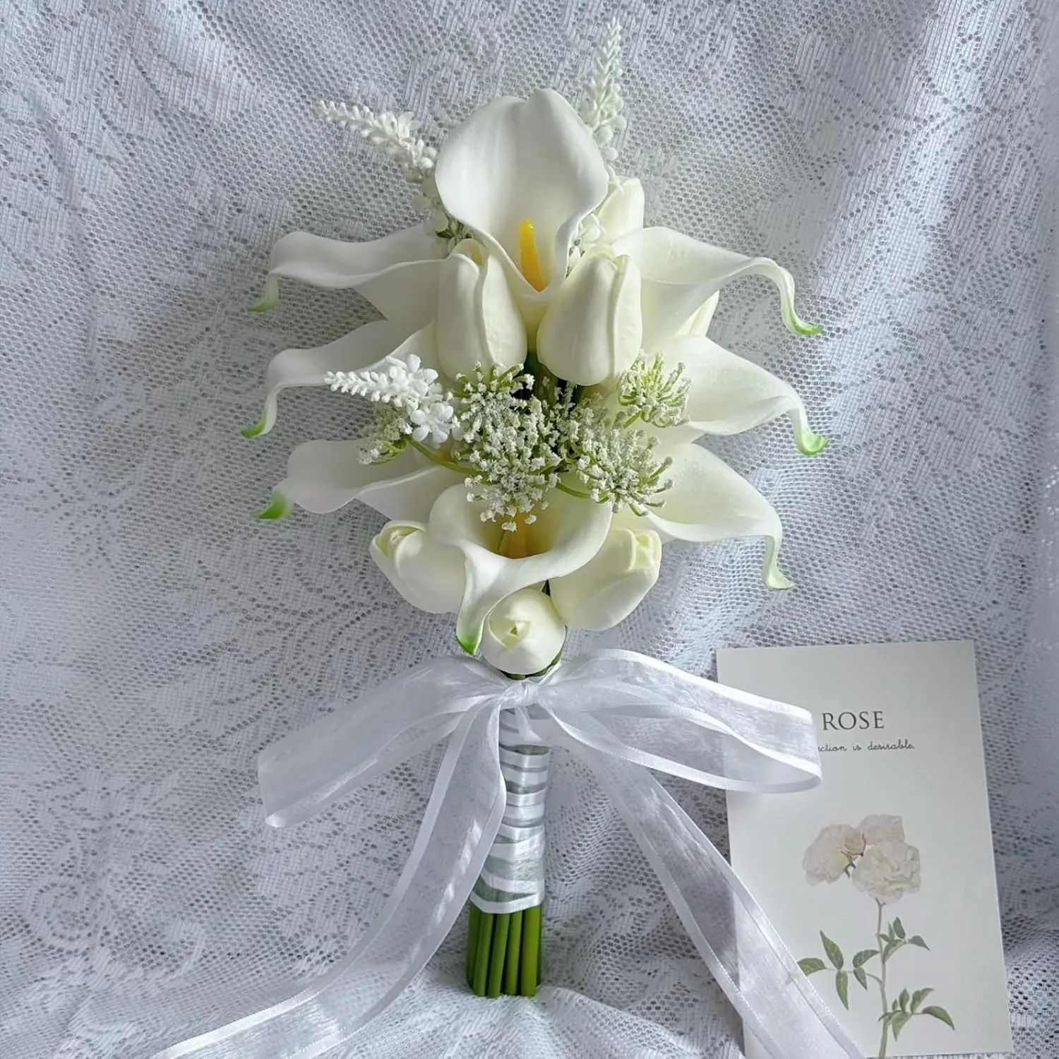 Decorative Artificial Flower Bouquet - 10 Calla Lilies, 8 Tulips - Bridesmaid Bouquet for Wedding Ceremony, Anniversary Home Bar Table Decor (White), Plants