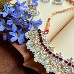 indian jewelry usa Necklace Set for Women Traditional Red & Green Stones with Pearls Handmade Kundan Bridal Jewelry with Earrings & Maang Tikka Gold Plated Finish High Quality Stones Perfect for Weddings and Parties