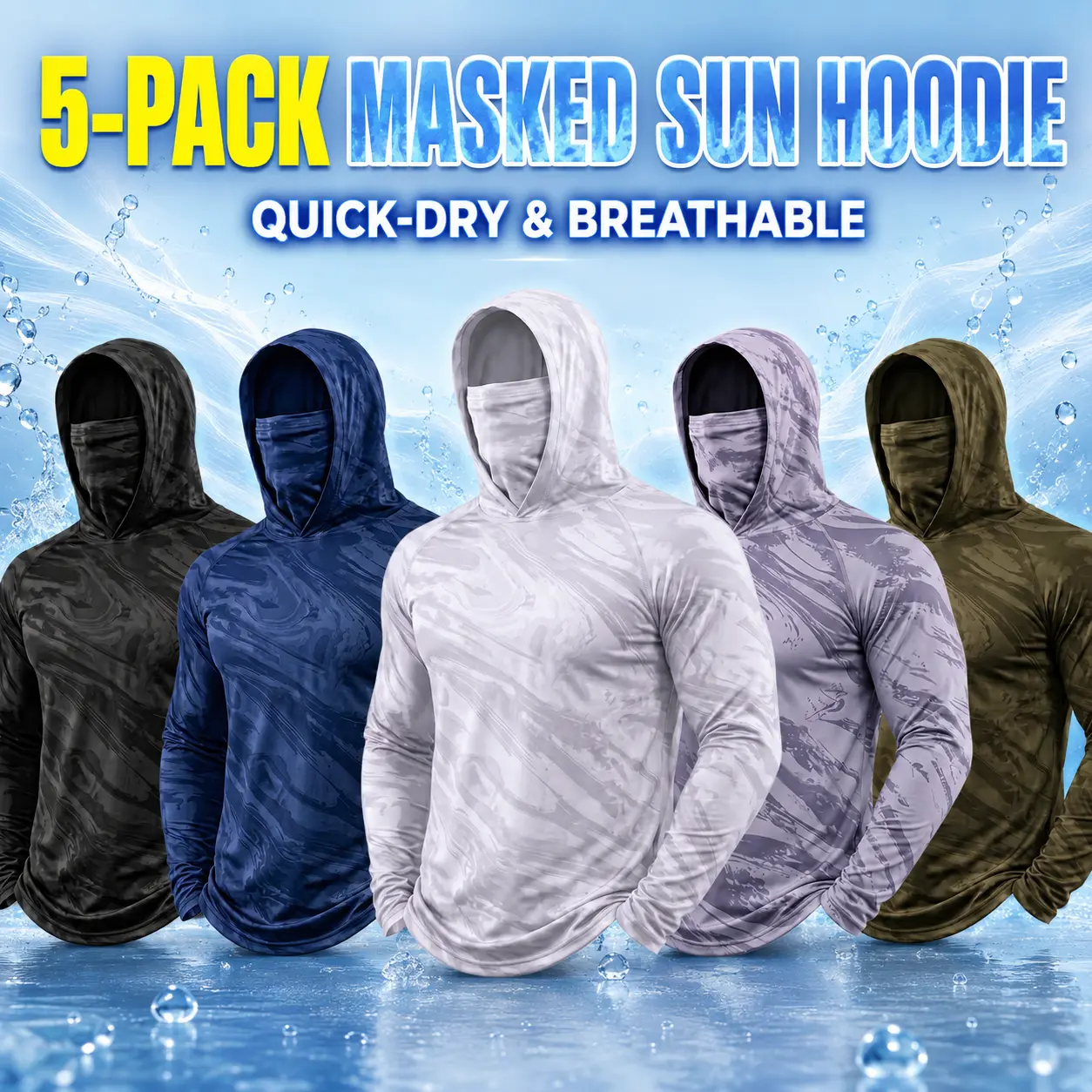 Men's 5-Piece UPF 50+ Sun Protection Hoodie Pack - Slim-Fit Camouflage Long-Sleeve Hooded Shirts with Built-In Balaclava Mask, Breathable Tactical Rash Guards for Hiking/Cycling, Machine Washable Menswear, Polyester Clothes, Outdoor