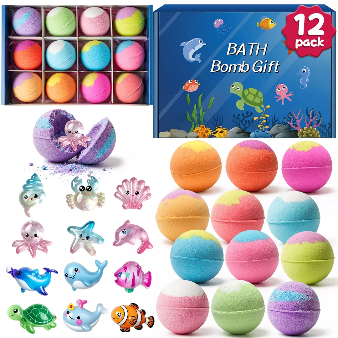 2026 New Ocean-Themed Natural Fizzy Bath Bombs Gift Set, 12-Pack with Hidden Surprise Sea Animal Toys, Stress Relief Classic Novelty Toys for Kids