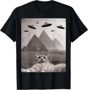 Men's UFO Cat Meme T-Shirt, Casual Graphic Print Short Sleeve Top in 100% Natural Breathable Cotton
