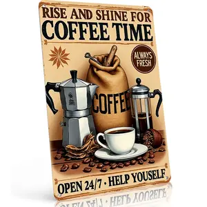 "Rise and Shine for Coffee Time - Open 24/7 Help Yourself" Coffee Lover Retro Aluminum Sign, Rustic Kitchen & Cafe Wall Decor for Home, Perfect Gifts for Coffee Enthusiasts & Baristas 8×12 Inch,home decor wall art