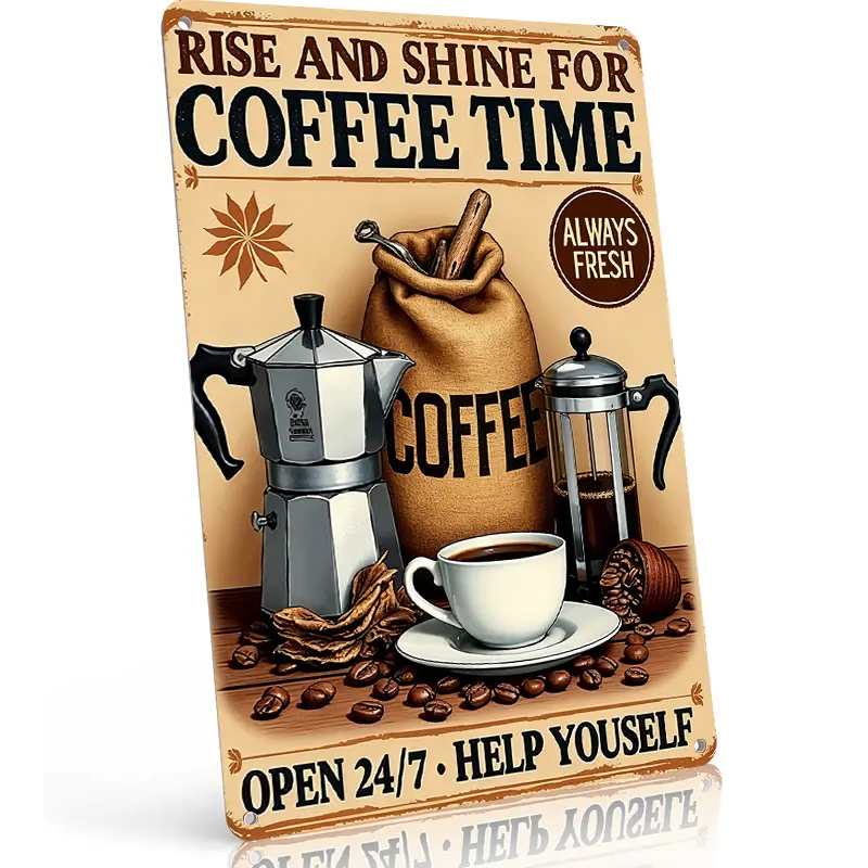 "Rise and Shine for Coffee Time - Open 24/7 Help Yourself" Coffee Lover Retro Aluminum Sign, Rustic Kitchen & Cafe Wall Decor for Home, Perfect Gifts for Coffee Enthusiasts & Baristas 8×12 Inch,home decor wall art
