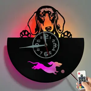 Sausage Dog Theme LED Vinyl Record Wall Clock, Creative Decorative Clock, Silent Battery-Powered Home Décor for Dog Lovers, Unique Decorative Kitchen and Living Room Decoration, Perfect Gift for Birthdays, Valentine's Day, and Holidays