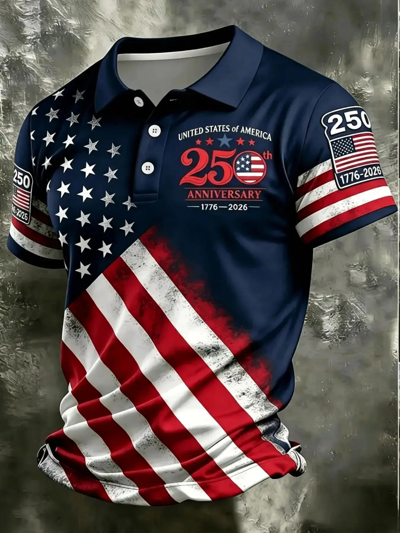 Men's American 250th Anniversary Button Polo Shirt, Casual Fashion Style Short Sleeve Top, Independence Freedom Democracy, Printed Polo Shirts