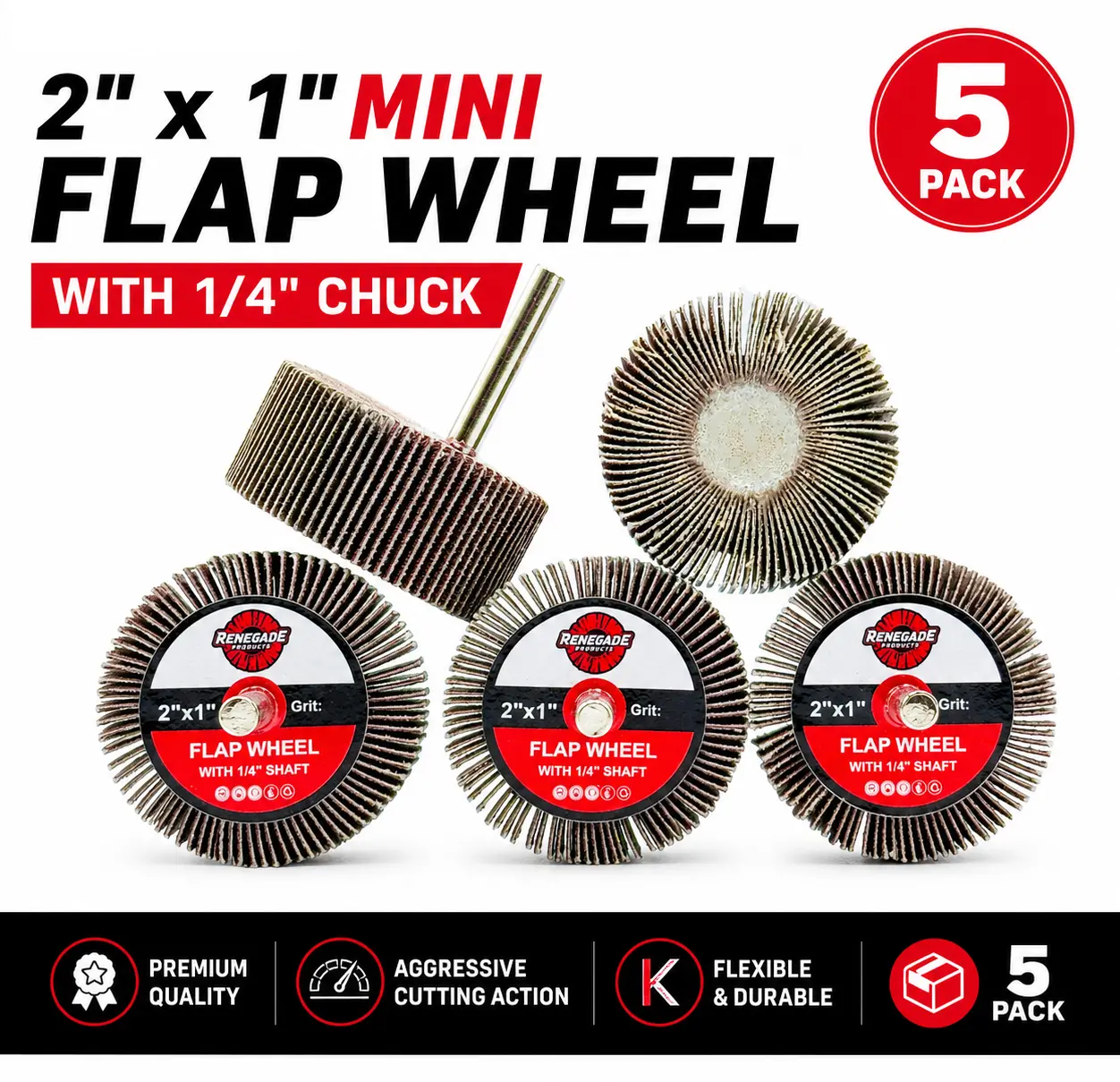 Renegade Products 2" x 1" Mini Flap Wheels | 1/4" Shank Mounted Aluminum Oxide Sanding Wheels for Die Grinders, Drills & Rotary Tools, 240/320 Grit, 5-Pack