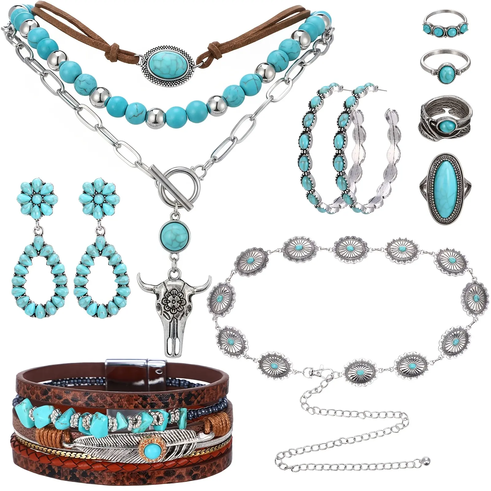 Western Jewelry Set for Women, 5-Piece Boho Concho Style with Silver Plated Turquoise Dangle Earrings, Necklace, Bracelet, Ring & Belt for Parties, Female, Earrings For Women, Party, Vintage Boho Look, Bangles, Gift-Giving, Ring With Concho Belt