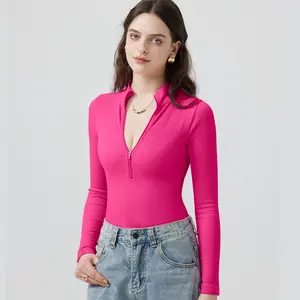 OYV Women's 1 Piece Bodysuits Sexy Ribbed Zip Front Long Sleeve  Bodysuits