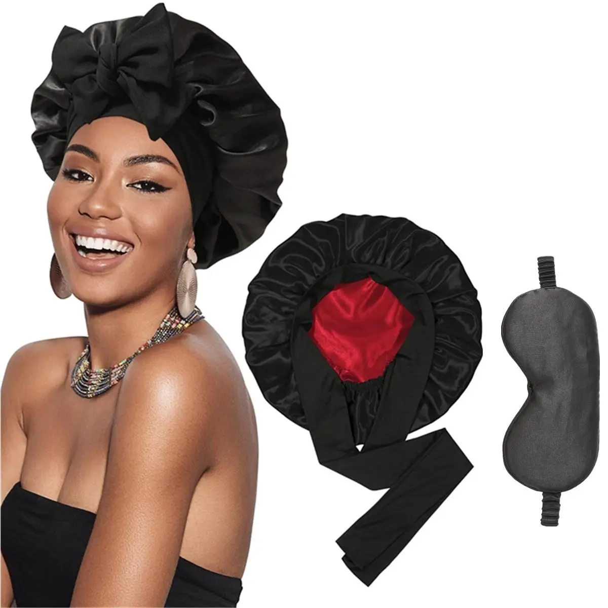 2-Piece Satin Bonnet and Eye Mask Set for Women, Double-Layer Long Sleeping Hat with Adjustable Tie for Protective Daily Haircare, Protective Head Wrap Hats, Satin Hair Bonnet Hats