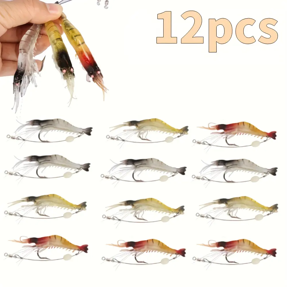 12PCS Saltwater Fishing Lures Shrimp Baits Set, Premium Soft Shrimp Fishing Tackle with Luminous Sharp Hooks, Fishing Tackles for Freshwater and Saltwater Bass, Trout, Catfish, Salmon