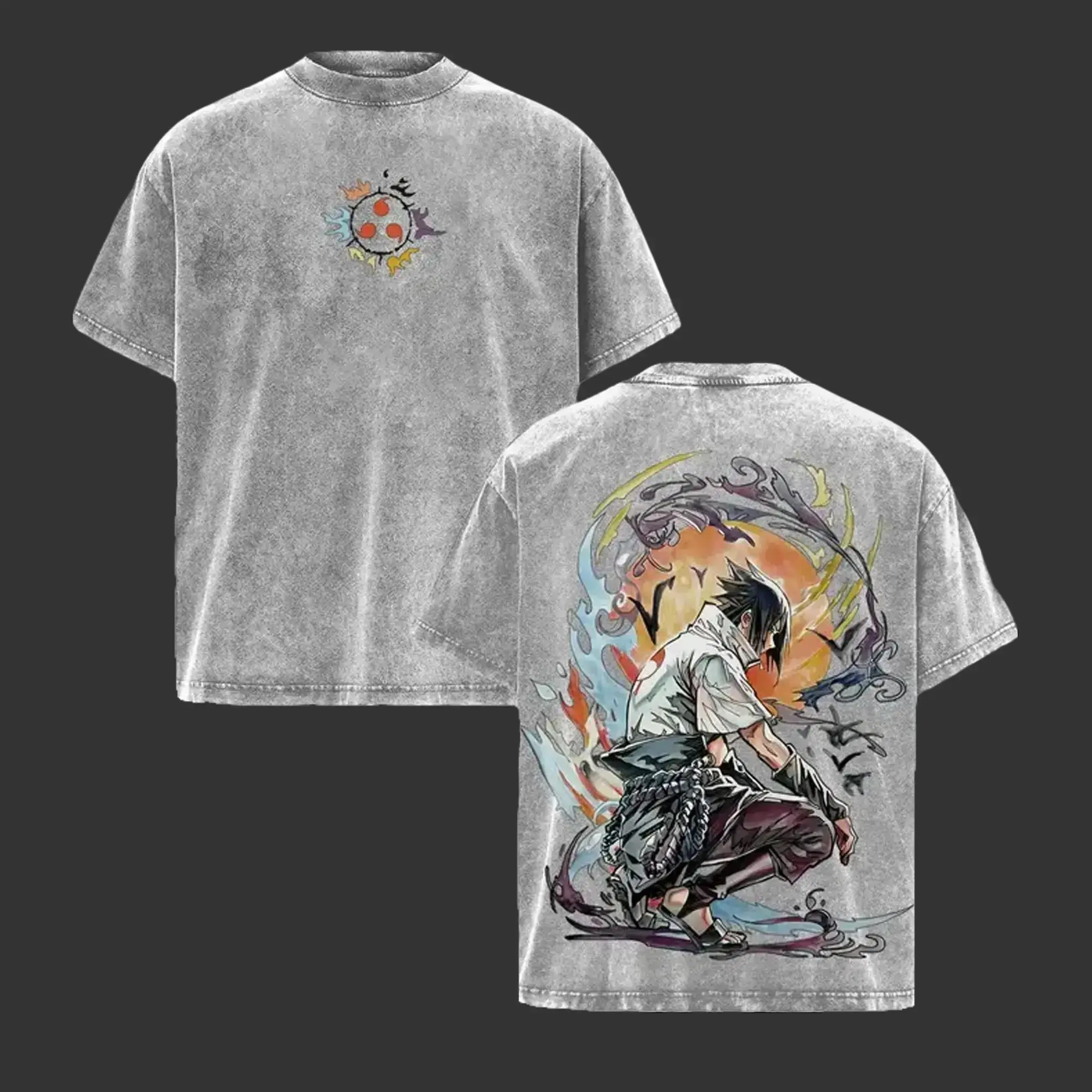 Sasuke Uchiha Vintage Washed Oversized Tee | Eternal Mangekyo Sharingan Graphic Shirt | Fire & Shadow Anime Streetwear | Naruto Inspired Design | Gift for Anime & Manga Fans