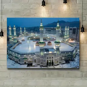 One printed Islamic wall art canvas - Night View of the Grand Mosque in Mecca, 12x16 inches with a framed package, suitable for Muslim decoration, pilgrimage decoration, Arab religious artworks, hotel, and prayer space decoration.