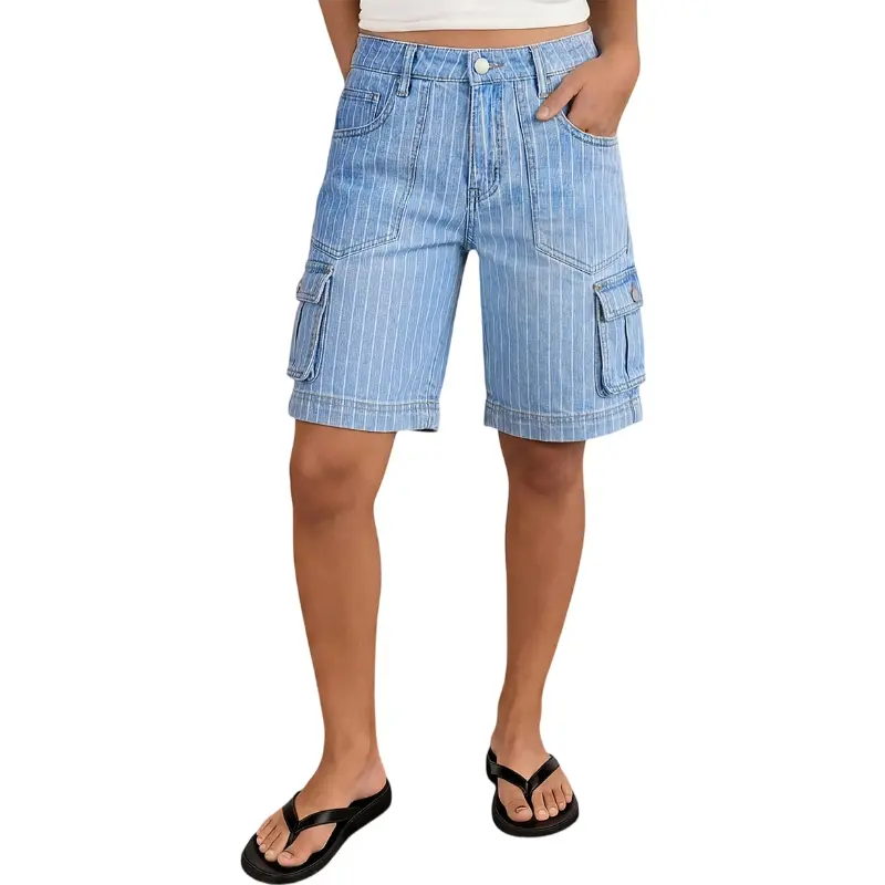 Flamingals Pinstriped Flap Pocket High Waist Denim Bermuda Shorts Stretchy 10.0'' Inseam