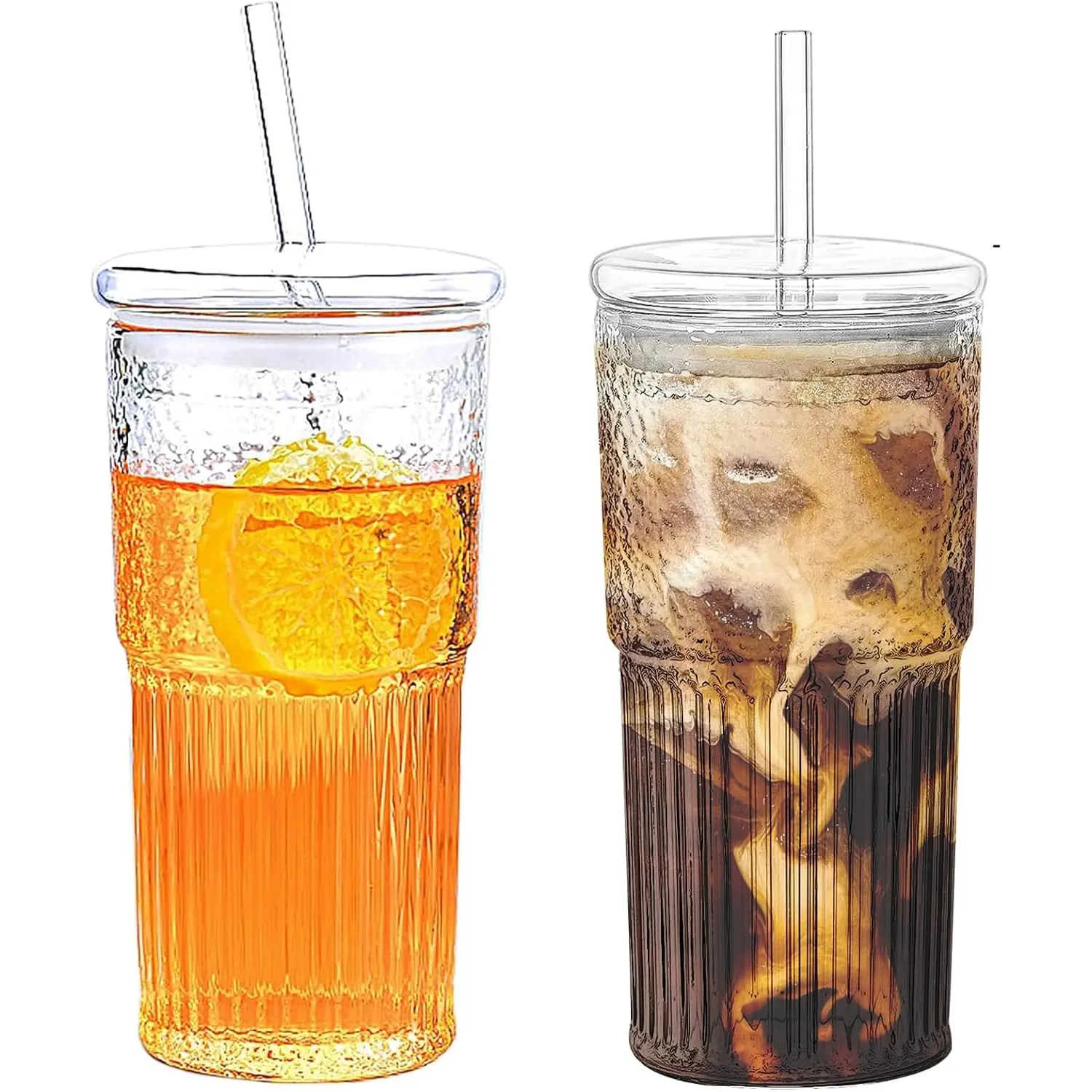 2pcs/set Plastic Cup with Lid and Straw, 20oz Ice Coffee Mug, Home Essential & Bar Accessories, Drinkware, Kitchen Drinkware Cups, Tumblers, Transparent Design, Clear, Ribbed, Suitable for Beer, Cocktails, Tea, Latte, Reusable