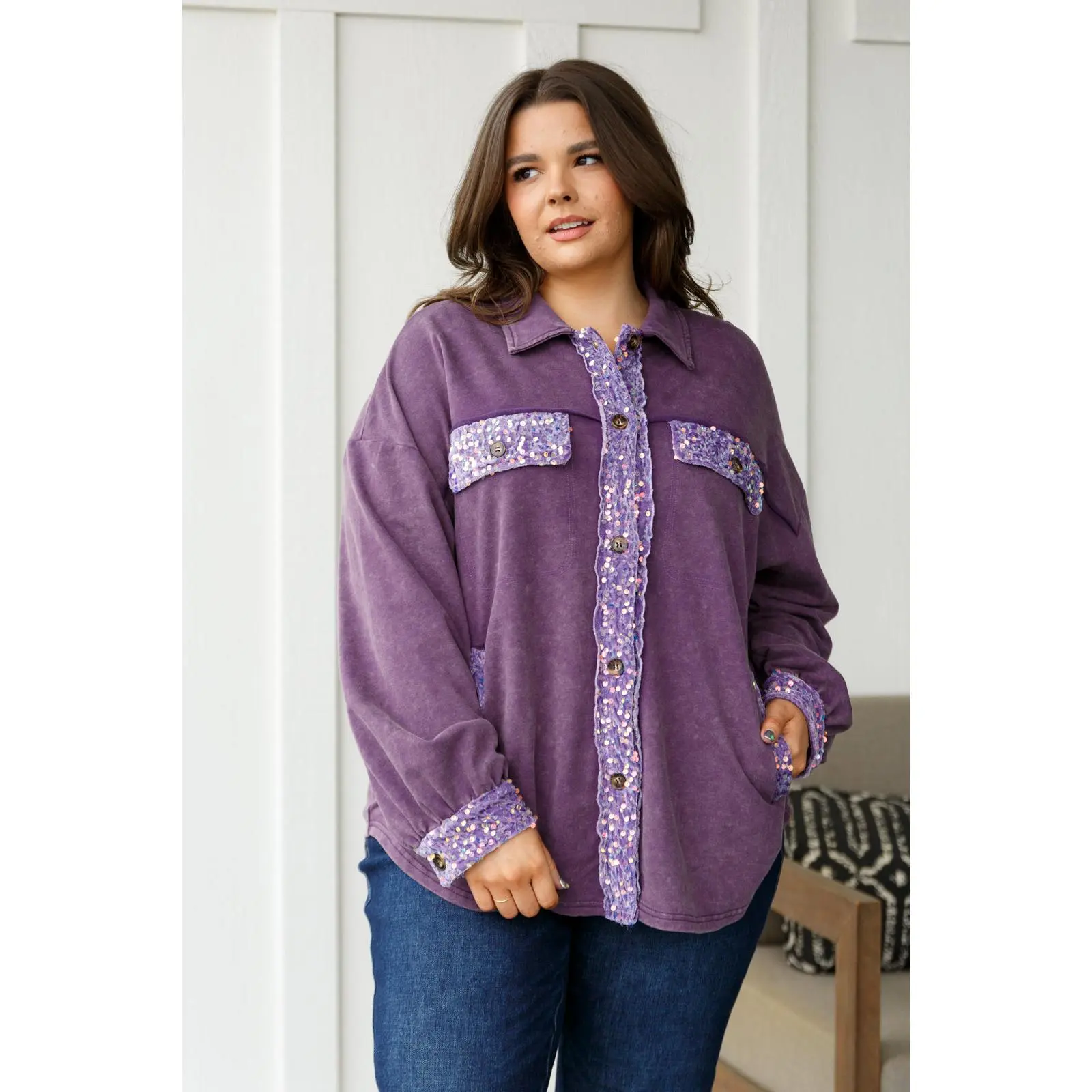 Judy Blue Women's Purple White Birch Sequin Shacket - Cotton Fabric, Long Sleeve Tops, Casual Jacket
