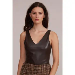 Faux Leather Bodysuit – V-Neck Sleeveless Top for Fall | Lucy Paris