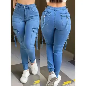 Women's High-Elasticity Skinny Cargo Jeans with Side Pockets - Stretch Denim, Mid-Rise, Light Blue, Street Style, Machine Washable Fit Pants Womenswear Bottom