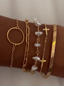 Women's Simple Pearl Bracelet Set, 5-Piece Flat Snake Chain Design, Stackable Bracelets, Ideal for Daily Wear, Parties & Music Festivals