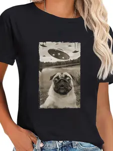 Unisex Pug UFO Selfie Graphic T-Shirt, Vintage 100% Cotton Streetwear Tee, Funny Everyday Casual Short Sleeve Top